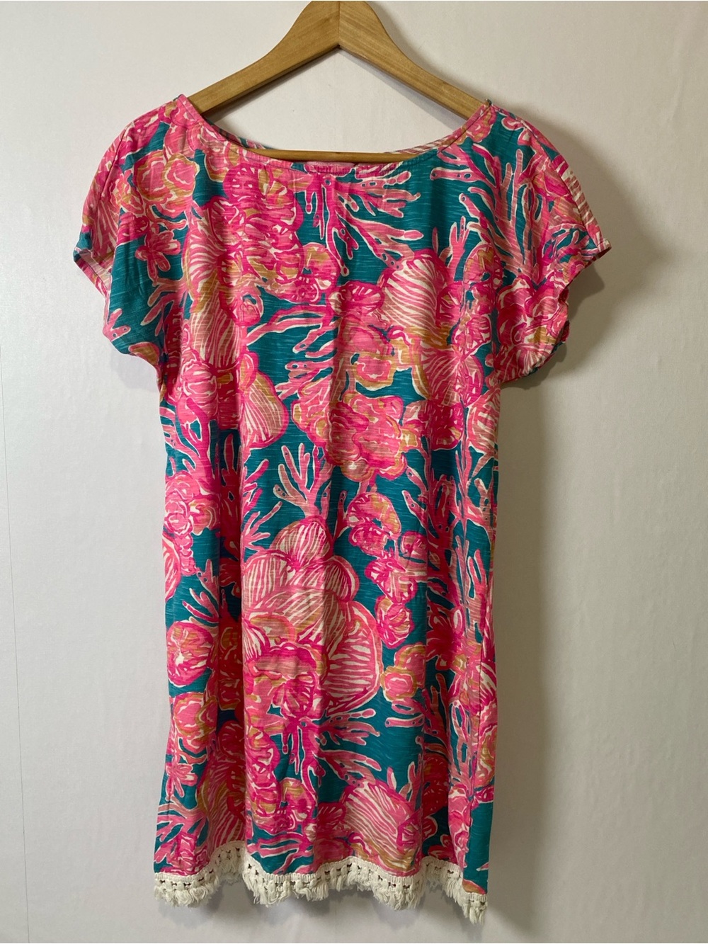 Lilly Pulitzer Pink Tropical Tassel Hem Tunic Cover Up Dress Preppy Womens Sm